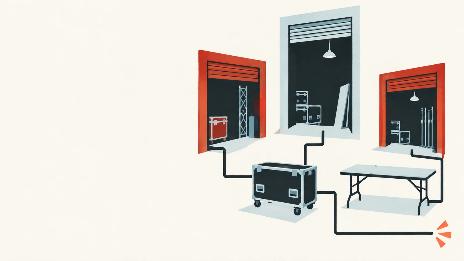 Illustration of open shop doors connected to a road case and folding table