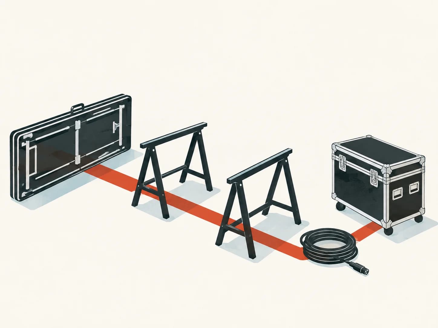 Illustration of a folded table, trestles, cable and road case ready for setup